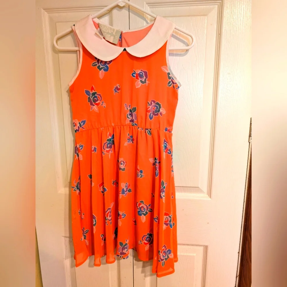Kiddo by Katie Pink/Peach Floral Printed Dress with Collar - XL